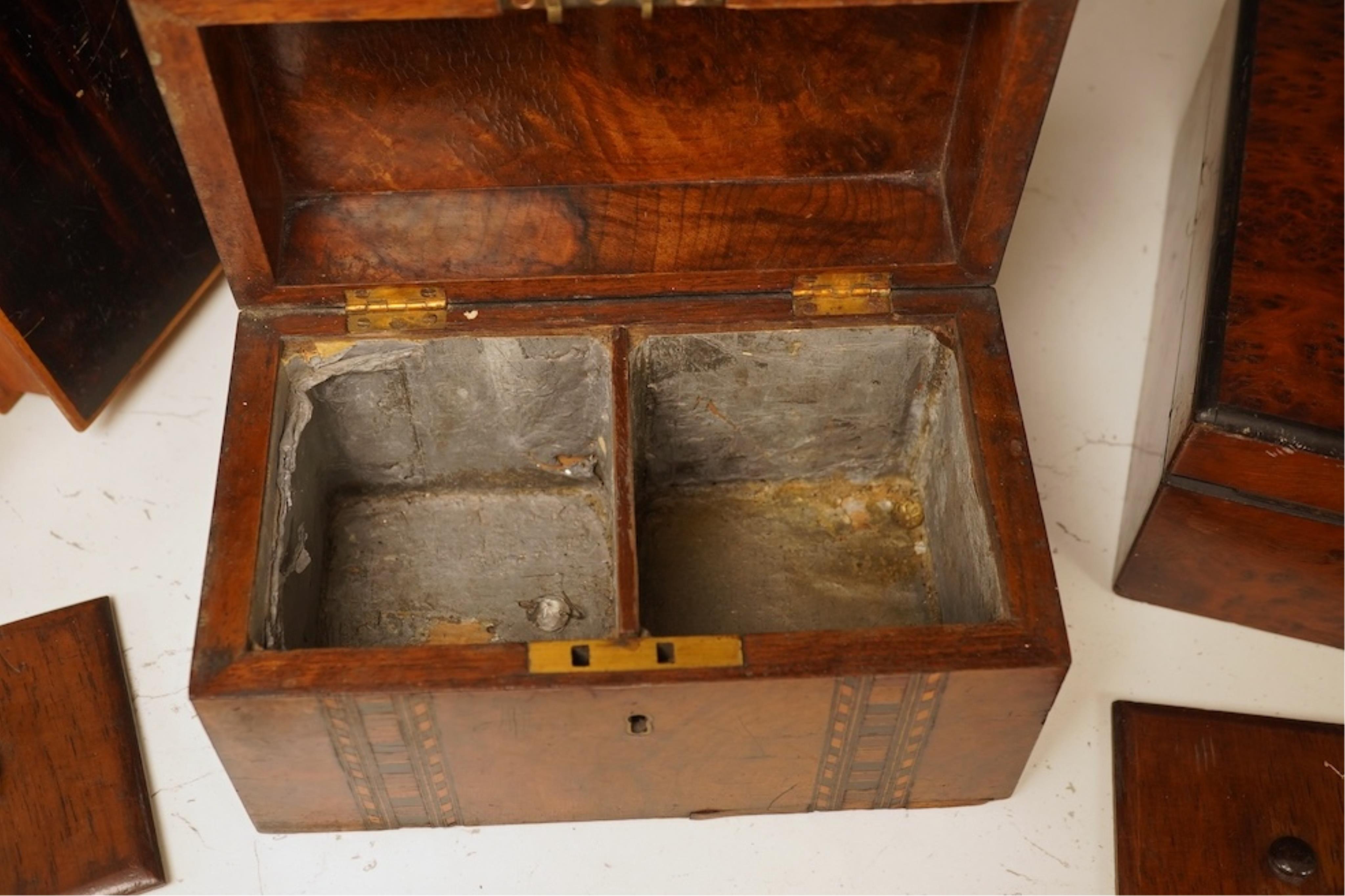 A 19th century French thuya box, Victorian tea caddy and an Art Nouveau book-shaped box, largest 20cm high